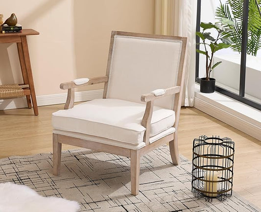 chairus Farmhouse Linen Accent Chair for Living Room, Upholstered Reading Chair with Solid Wood Frame Lounge Arm Chair with High Back for Bedroom, Reception Room, Waiting Room, Beige