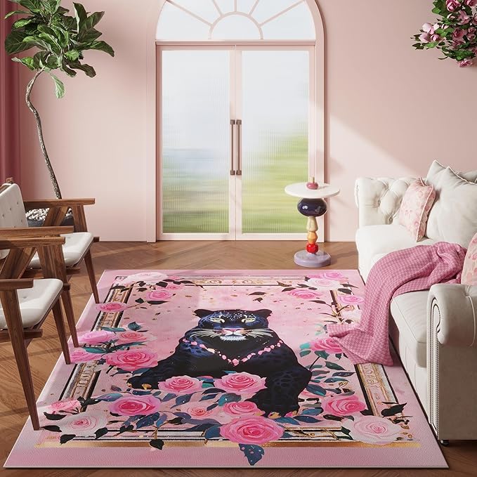 Area Rug 4x6 Rug Washable Retro Lavish Leopard Rugs Non Slip Low Pile Floral Animal Small Carpet for Bedroom, Bedside, Kids Room, Office, Dining Room (Black Pink)