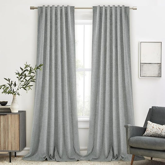 100% Blackout Room Darkening 120 inch Curtains for Bedroom, Faux Linen Dual Rod Pockets & Hook Belt Light Blocking Noise Dampening Window Treatments for Living Room, Grey, W52 x L120, 2 Panels