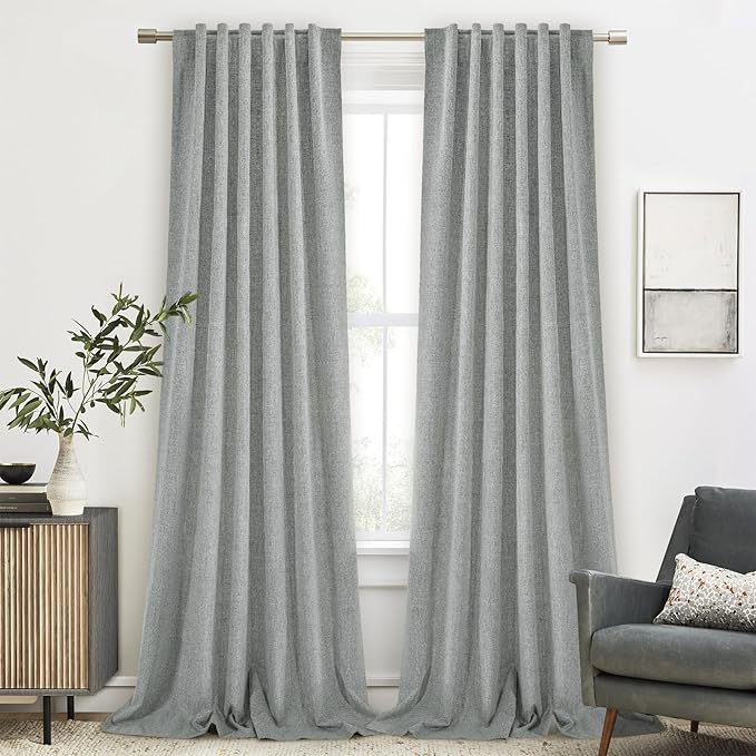 Full Blackout Grey Curtains 84 inches Long for Living Room, Black Out Linen Insulating Heat Light Blocking Curtains for Bedroom, 52x84 in Length, Grey