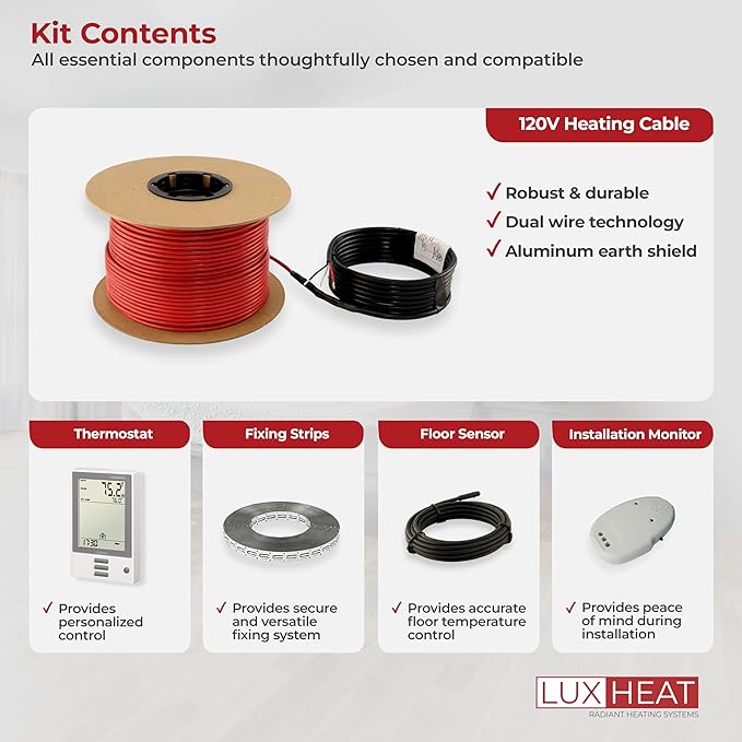 100sqft Floor Heating Cable Kit - 120v Infloor Heating System - Heated Flooring System Includes UDG Programmable Thermostat w/GFCI, Floor Heat Cable, Strapping, Flooring Sensor & Alarm