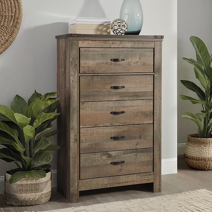 Signature Design by Ashley Trinell Rustic 5 Drawer Chest of Drawers with Nailhead Trim, Warm Brown