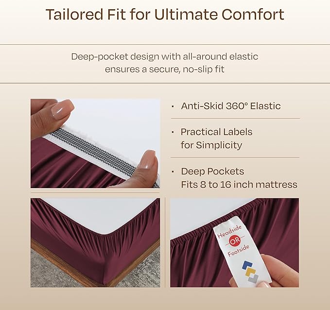 California Design Den Natural 100% Cotton Sheets Queen Size Bed Set Deep Pockets - Luxury Hotel 800 Thread Count, Soft Sateen Cotton Bed Sheets Queen, Anti-Skid Elastic, Cool and Durable - Red Wine