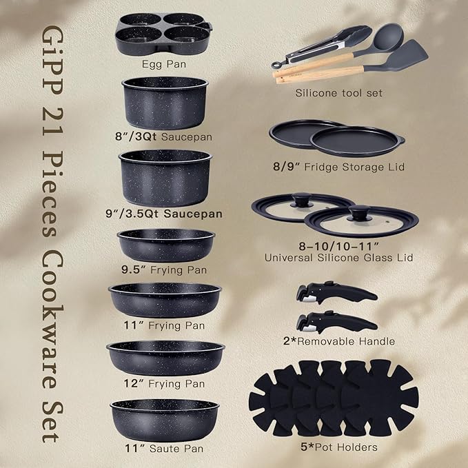 GiPP Ceramic Pots and Pans Set Non Stick, Nonstick Detachable Handle Cookware Sets, Healthy Non Toxic PFAS PFOA & PTFE Free, Dishwasher ＆Oven Safe, Induction Kitchen Pot and Pan, 21 Piece Grey