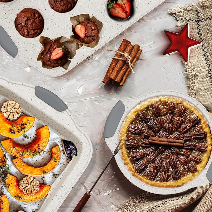 11-Piece Nonstick Baking Pans Set, Stackable Non Toxic Bakeware Sets with Cookie Sheets, Cake Pan, Loaf Pan, Pizza Pan, Muffin Pan, White&Gray