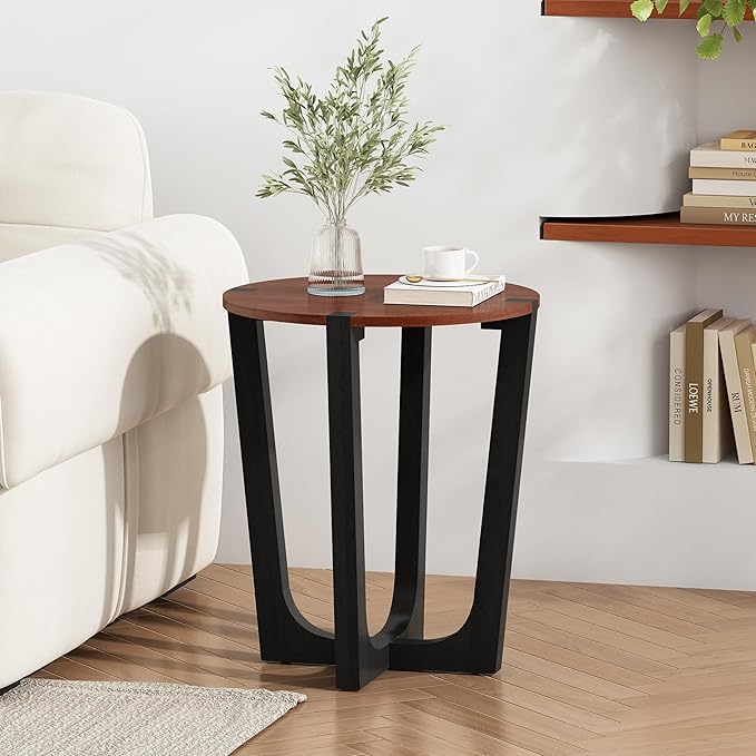 Acacia Wood Side Table,Modern Industrial Accent Tables with Wooden Frame,Round End Table for Living Room,Bedroom,Small Spaces or Patio,22.5" Brown+Black