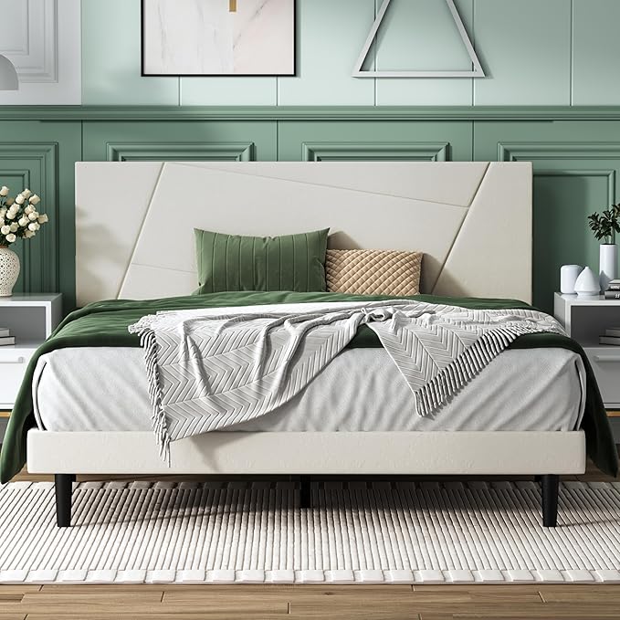 Queen Size Bed Frame, Queen Platform Bed Frame with Velvet Upholstered Headboard, Geometric Pattern, Sturdy Frame and Slats, Noiseless, No Springs Required, Easy to Assemble，Beige