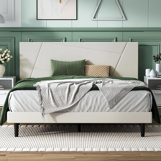 Queen Size Bed Frame, Queen Platform Bed Frame with Velvet Upholstered Headboard, Geometric Pattern, Sturdy Frame and Slats, Noiseless, No Springs Required, Easy to Assemble，Beige
