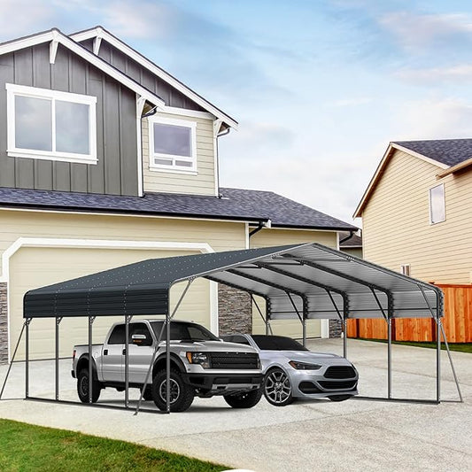 20x20FT 2 Car Metal Carport Kits, Heavy Duty Two Car Ports with Galvanized Metal Roof, Outdoor Garage Double Car Shelter Shade for Car, Boats and Truck (Dark Gray)
