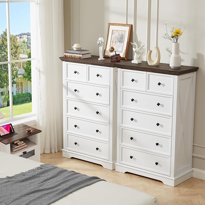 Farmhouse 6 Drawers Dresser Chests for Bedroom, White 6 Chest of Drawers, Wood Dressers Organizer for Closet, Modern Storage Organizer Cabinet for Bedroom,Living Room,Hallway & Entryway
