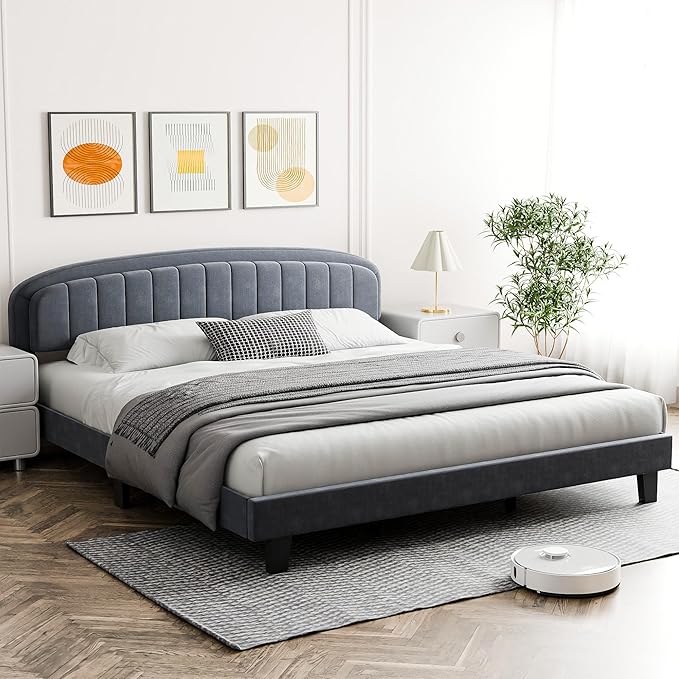 Cozy Castle King Size Bed Frame, Upholstered Platform Bed with Velvet Adjustable Curved Headboard, Mattress Foundation with Strong Wooden Slats, No Box Spring Needed, Easy Assembly, Gray