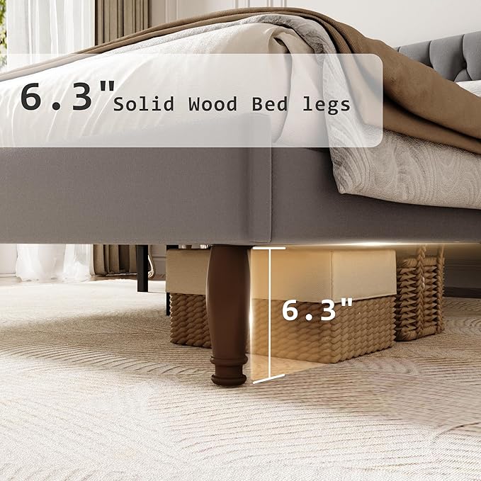 Full Size Velvet Upholstered Bed Frame, 49.2" Tall Wingback Headboard, Deep Button Tufted, No Box Spring Needed, Solid Wood Legs, Grey
