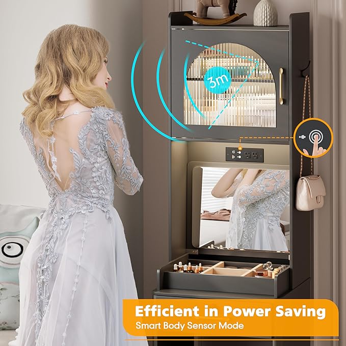 KAMABOKO Vanity Desk with Mirror and Lights, Large Makeup Vanity Table Set with Drawers & Cabinets & Power Outlet, 3 LED Lights Modes Adjustable (029 Black)