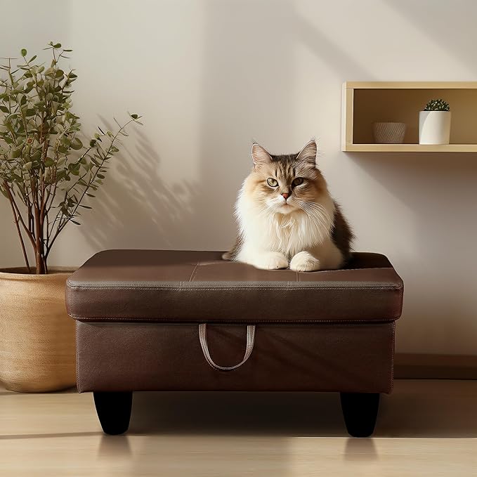Ottoman Rectangular Storage Ottoman Bench, Faux Leather Footrest, Coffee Table, Stool Footstool with Hinged Lid for Living Room, Bedroom, Entryway, Brown, 28.5"x19"x17.5"