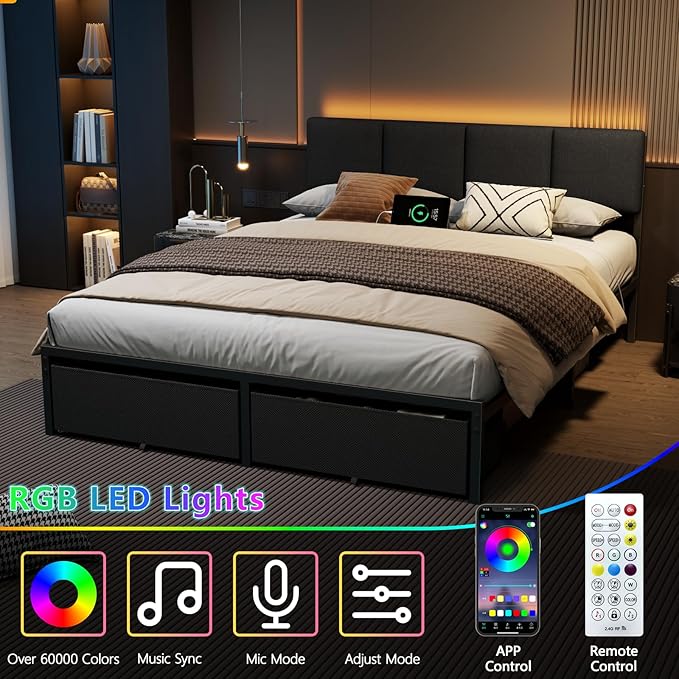 Furnulem Queen Bed Frame with Storage, Upholstered Bed Frame Queen Size with LED Light,USB Charging Station,Platform Bedframe with 2 Fabric Underbed Storage Drawers,No Spring Box Needed,Noise Free