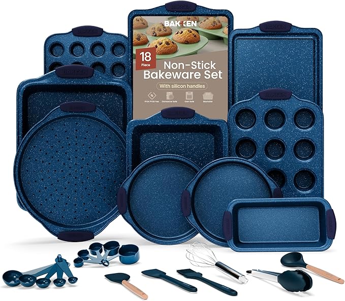 BAKKEN Kitchen Baking Pan Set - Nonstick Coating, Carbon Steel Bakeware Sets with Blue Silicone Handles, Baking Kitchen Essentials, PFOA, PFOS, PTFE Free, Oven Safe Tray (Up To 450° F), Set of 18