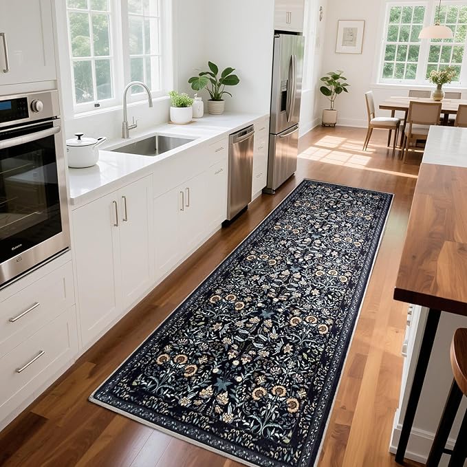 Area Rug Living Room Rug, 8X10 Rugs for Living Room Floral Boho Low Pile Super Soft Washable Rug, Stain Resistant Indoor Floor Non-Slip Carpet for Bedroom Bedside Dining Room Kitchen Nursery, Black