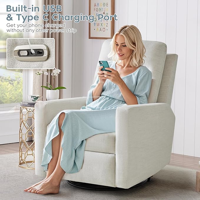 Power Nursery Rocking Chairs, 270° Oversized Swivel Rocker Recliner w/USB & Type-C Charging Port, Rotating Rocking Reclining Nursing Chair for Breastfeeding, Living Room,Bedroom,Beige