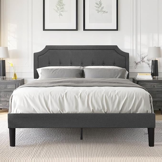 VECELO Queen Size Platform Bed Frame with Fabric Upholstered Headboard and Wooden Slats Support, No Box Spring Needed/Easy Assembly