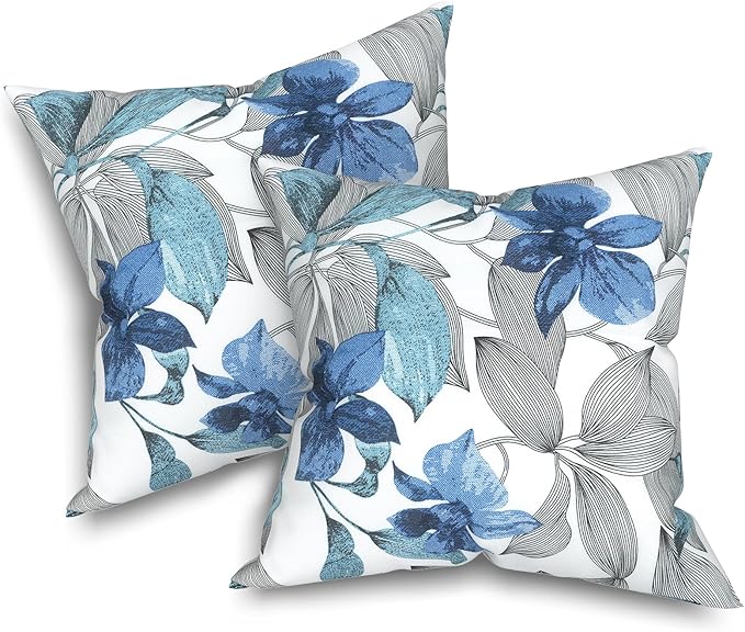 Pack of 2 Patio Throw Pillow Covers ONLY, Water Repellent Cushion Cases 20x20 Inch, Square Pillowcases for Outdoor Couch Decoration, Clemens Noir Blue