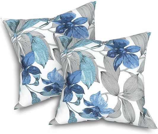 Pack of 2 Patio Throw Pillow Covers ONLY, Water Repellent Cushion Cases 20x20 Inch, Square Pillowcases for Outdoor Couch Decoration, Clemens Noir Blue