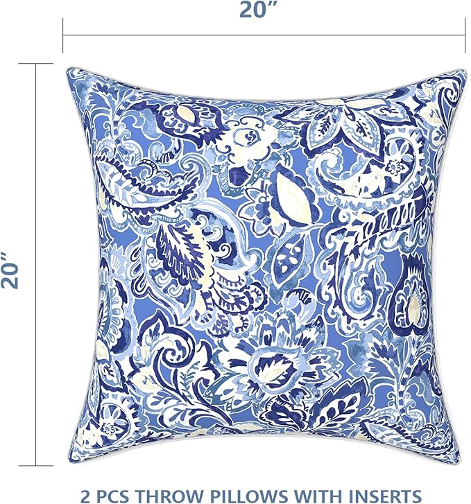 LVTXIII Set of 2 Patio Throw Pillows Waterproof 20"x20" Fade Resistant Outdoor Throw Pillows with Inserts, Decorative Garden Toss Pillow Cushions for Home Patio Sofa Use, Floral Bluish Violet