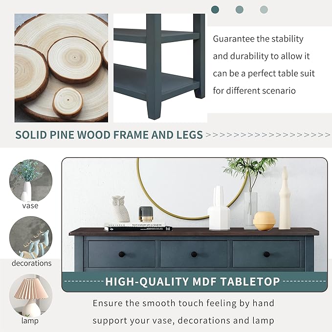 Knocbel Entryway Console Table with 3 Drawers and Open Shelves, Entry Hallway Foyer Sofa Long Table, 220lbs Weight Capacity, 50" L x 16" W x 30" H (Navy)