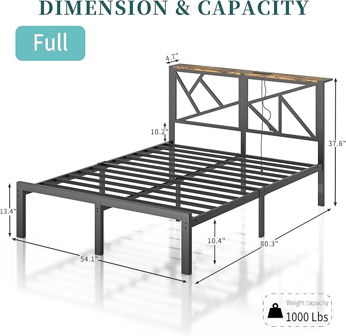 Full Size Black Metal Bed Frame with USB Charging Station, LED Ambient Lighting, and Wooden Storage Headboard - Includes Under-Bed Storage, No Box Spring Needed, Noise Free, Easy Assembly