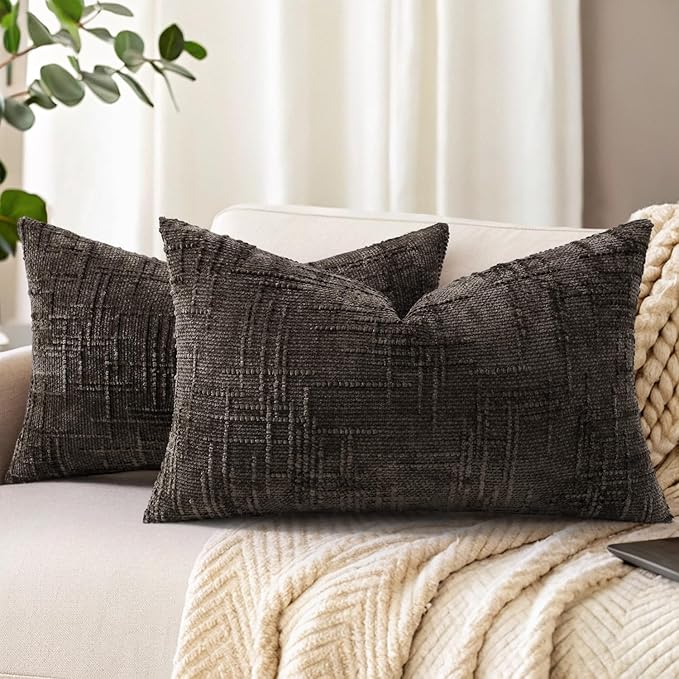 decorUhome Dark Brown Chenille Throw Pillow Covers 12x20 Set of 2 Thick Textured Slubby Couch Pillow Covers Farmhouse Accent Modern Neutral Decorative Pillow Cases for Bed Sofa Living Room