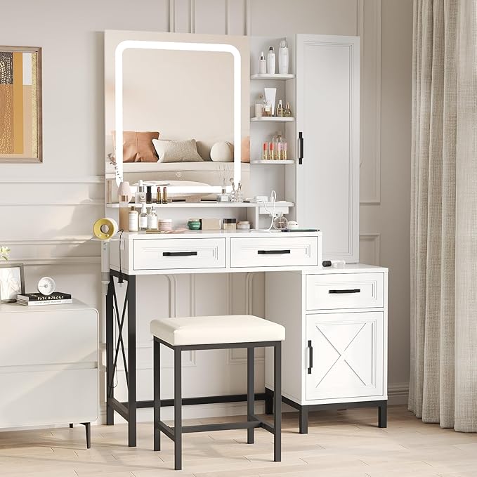 Maupvit Vanity Desk with HD LED Mirror,White Vanity with Large Jewelry Cabinet,Lots Storage Shelves,3 Drawers & Cabinets,Makeup Desk with Charging Station,3 Lighting Modes, Brightness Adjustable