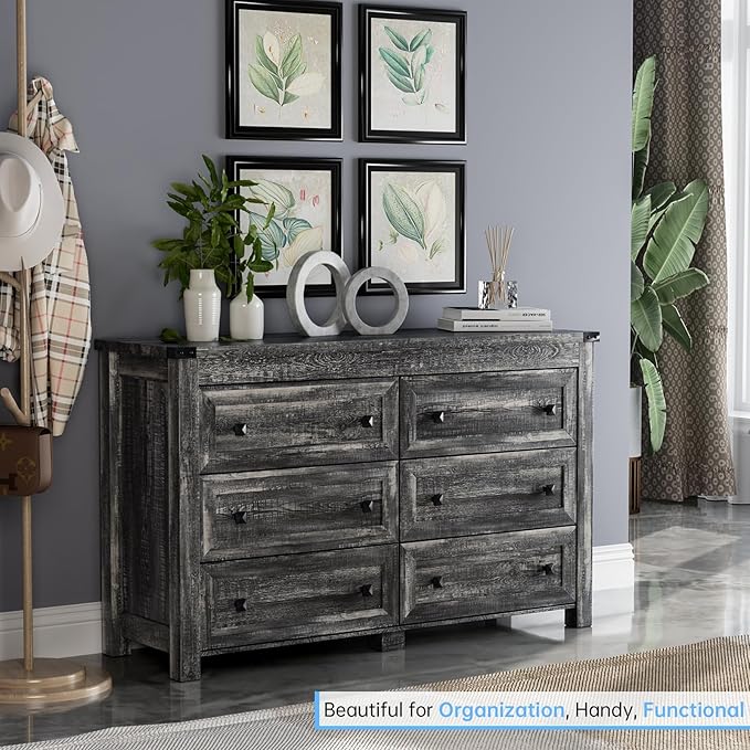 Grey Dresser for Bedroom with 6 Drawers, Farmhouse Wood Dressers Bedroom Furniture 6 Chest of Drawers, Rustic Wide Storage Drawers Dressers Organizer for Closet, Living Room, Hallway