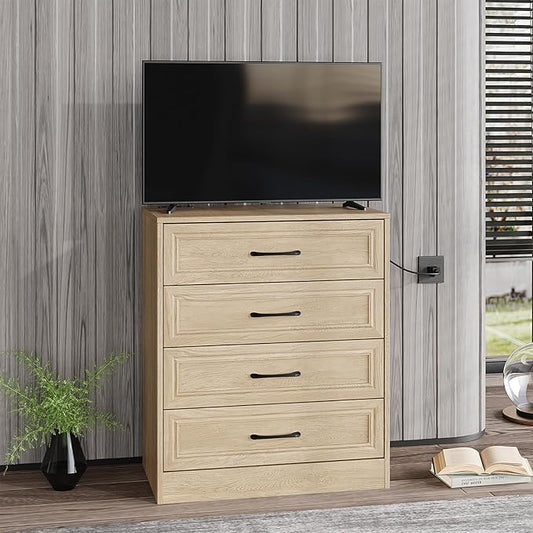 Fameill Dresser for Bedroom, 4 Drawer Small Dresser Organizer with Charging Station for Livingroom, Chest of Drawers with Metal Handles, Oak
