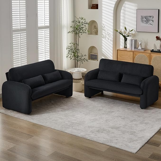 Corduroy Accent Living Room Sets, Modern Upholstered Love Seat with 2 Accent Chairs, Wide Comfy Leisure Chair Sets for Bedroom, Office, Black