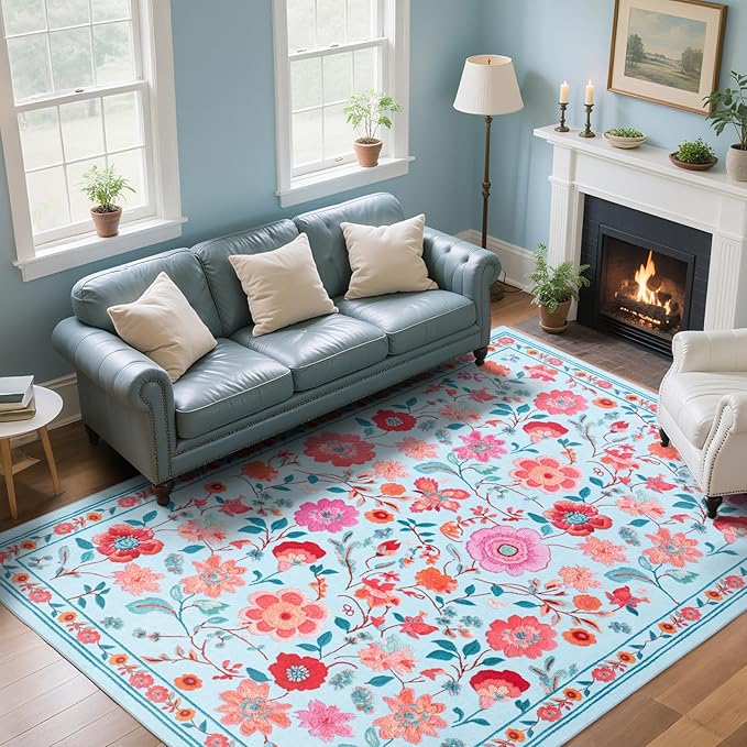 Floral Area Rug 5x8 Rugs, Machine Washable Rug Non-Slip Low Pile Rug for Living Room, Bedroom, Farmhouse, Dining Room, Blue