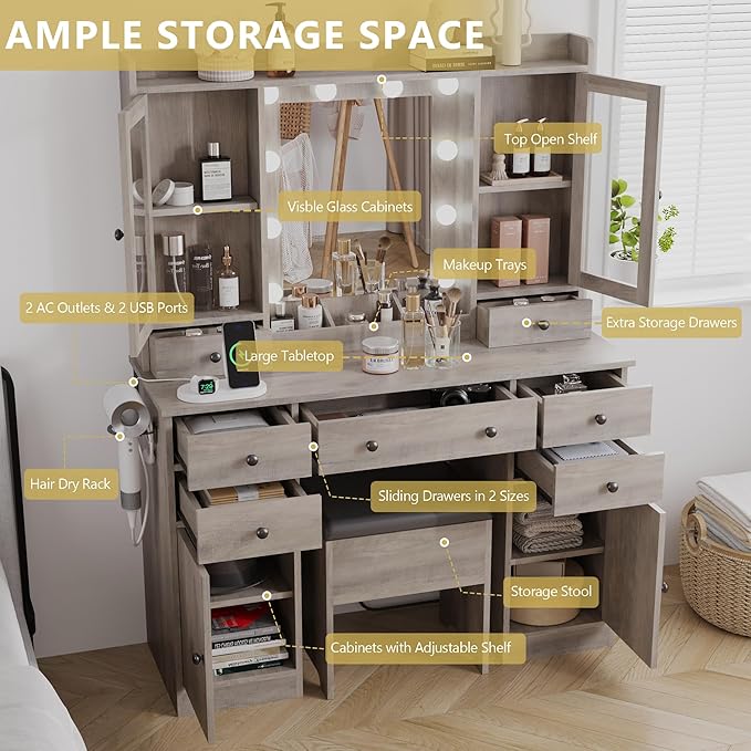 Makeup Vanity Desk with Mirror and Lights, Grey Vanity Table Set with Storage Drawers, Charging Station, Cabinets & Chair, Large Dressing Table with RGB Ambient Light for Women Girls Bedroom Bathroom