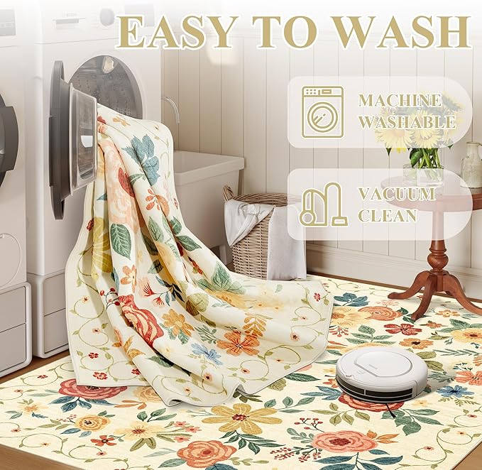 DUKINO 2x3 Rugs for Entryway, Floral Indoor Washable Door Mat, Non Slip Boho Small Rug for Kitchen, Soft Low Pile Front Door Throw Rug for Entrance, Bedroom, Kitchen, Laundry, Bathroom, Beige Yellow