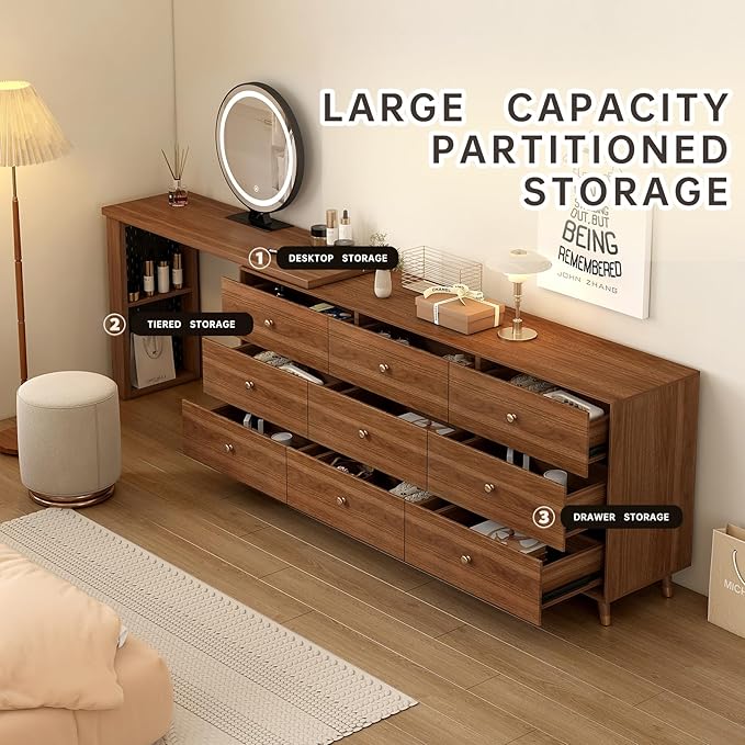 Makeup Vanity Desk Set with Full Aluminum HD Lighted Mirror and Stool, 70-110in Extendable Modern Vanity Table, 9-Drawer Solid Wood Frame Chest, Dressing Table for Bedroom, Brown
