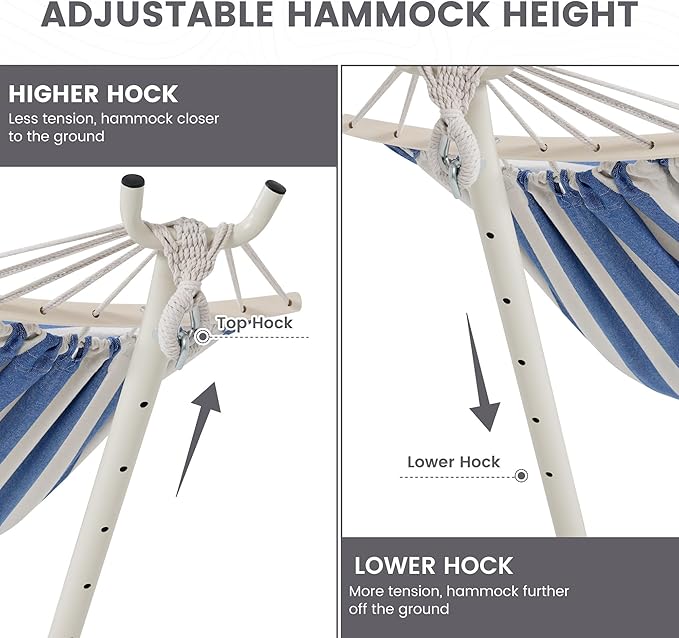 LazyDaze Hammocks Double Hammock with Stand - 2 Person Heavy Duty Outdoor Hammock for Adults, Includes Durable Steel Stand, Portable Carrying Bag and Pillow, Blue White