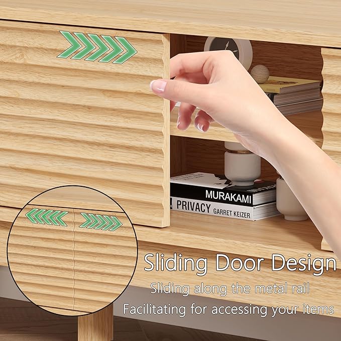 Fluted TV Stand for 55 65 Inch TV, Mid Century Modern Entertainment Center with Shelves, Cabinets & Sliding Doors, TV Media Console Table with Wood Feet & Cord Holes for Living Room, Bedroom, Natural