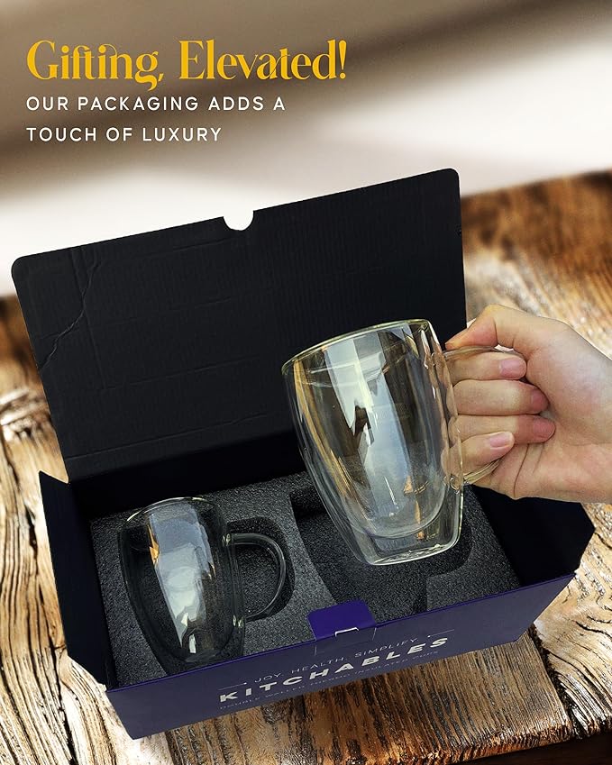 Kitchables Double Walled Glass Coffee Mugs Set of 2, 12oz - Insulated Glass Coffee Mugs for Cappuccino, Latte, Tea, Espresso - Latte Cup - Tazas Para Cafe