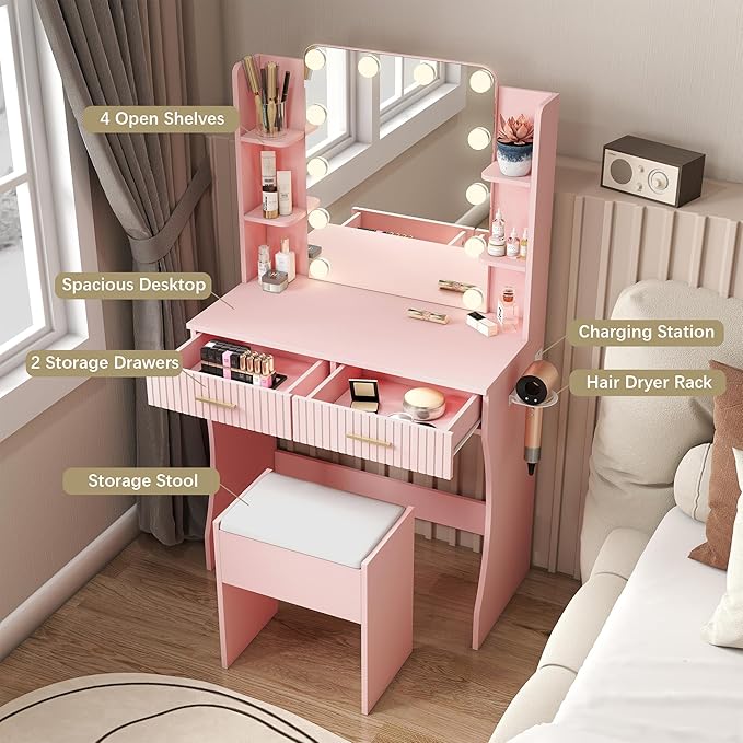 Small Vanity Desk with Mirror and Lights, Makeup Vanity Desk with 3 Color Modes Adjustable Bulb, 2 Large Drawers and 4 Open Storage Shelves, Pink Vanity with Charging Station for Bedroom