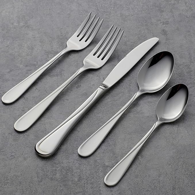 Oneida Silverware Set For 8, Flight 45-Piece Everyday Flatware Set with Serving Utensils, Service For 8, 18/0 Stainless Steel, Dishwasher Safe, Knives Spoons and Forks Set, Dining (Silver, 45 pieces)