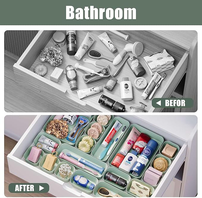 Plastic Drawer Organizers, 18 PCS Drawer Organizer Bins, Bathroom and Vanity Organizer Plastic Tray, Makeup organizer and storage for Makeup, Bedroom, Kitchen Gadgets Utensils and Office (Green)