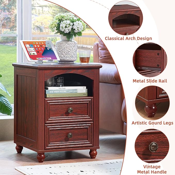 18" Farmhouse Night Stand Set 2 with Charger Station, RedOak 2 & 3 Drawers Wood Nightstand, Bedside End Table with Storage and Roman Column, Bed Side Tables Cabinet for Bedroom Living Room and Closet