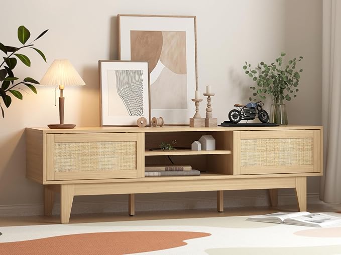 Boho TV Stand for 55 65 Inch TV, Rattan Entertainment Center with Shelves, Cabinets and Sliding Doors, TV Media Console Table with Solid Wood Feet & Cord Holes for Living Room, Bedroom, Natural