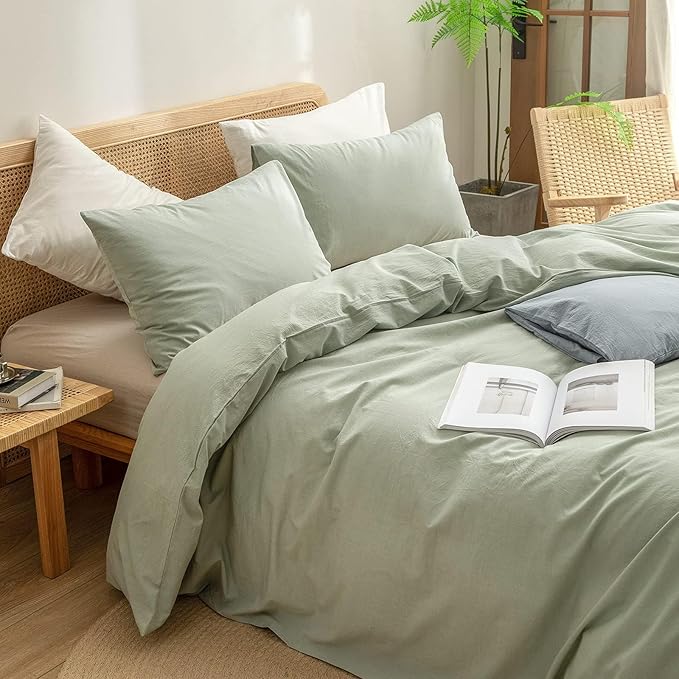 BESTOUCH Duvet Cover Set 100% Washed Cotton Linen Feel Super Soft Comfortable Chic Lightweight 3 PCs Home Bedding Set Solid Sage Green Oversized Full