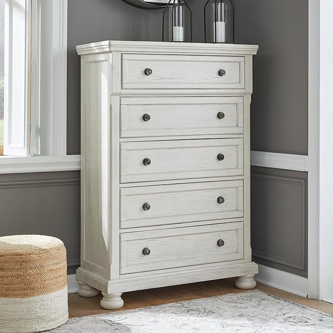 Signature Design by Ashley Robbinsdale Traditional 5 Drawer Chest, Antique White