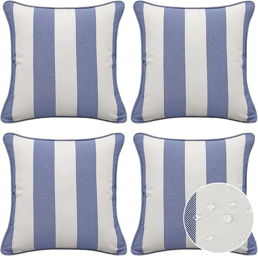 Decorative Outdoor Water Repellent Throw Pillows with Inserts, Set of 4, 18" x18" Pillows for Patio, Backyard, Bed, Couch, and Patio Furniture, Navy Stripe