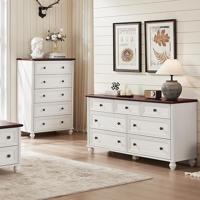 Farmhouse Dressers & Night Stand Set of 3, Wood 54" Wide Dresser & 45"Tall Chest of Drawers, 18" with Charging Station Nightstand, Bedroom Furniture 7 Drawer Dresser Set for Home Living Room Hallway