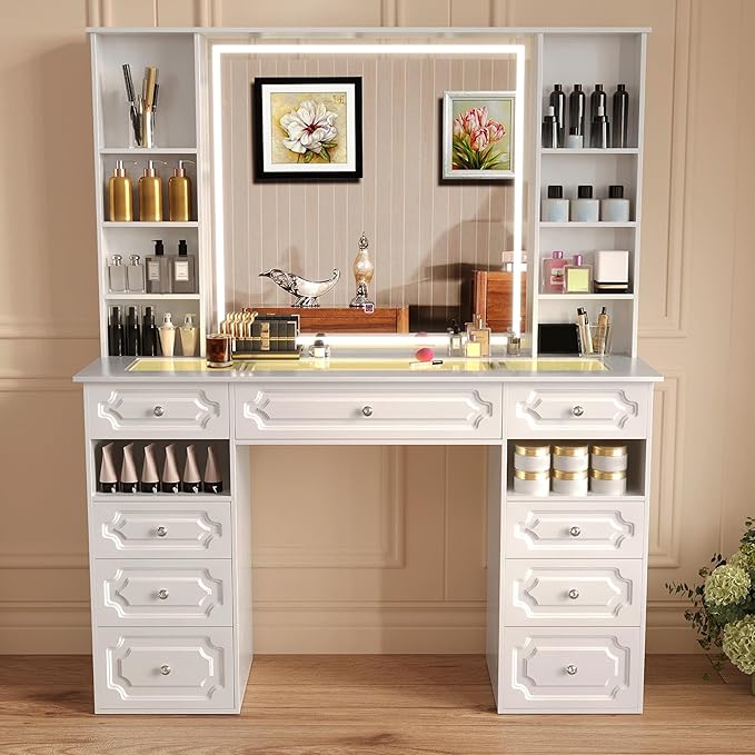 Vanity with Mirror and Light, Vanity with Glass Top and 9 Drawers, Dresser Set with Storage Bench, Adjustable Brightness Dresser (White, Glass Table-B)